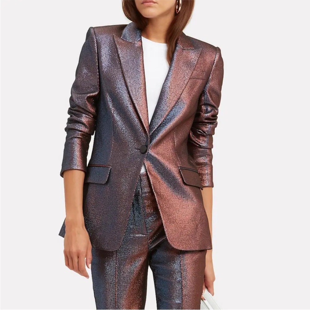 $798 VERONICA BEARD Ashburn Metallic Dickey Jacket Lamé Ruby shine Blazer Size 2 - Picture 2 of 16